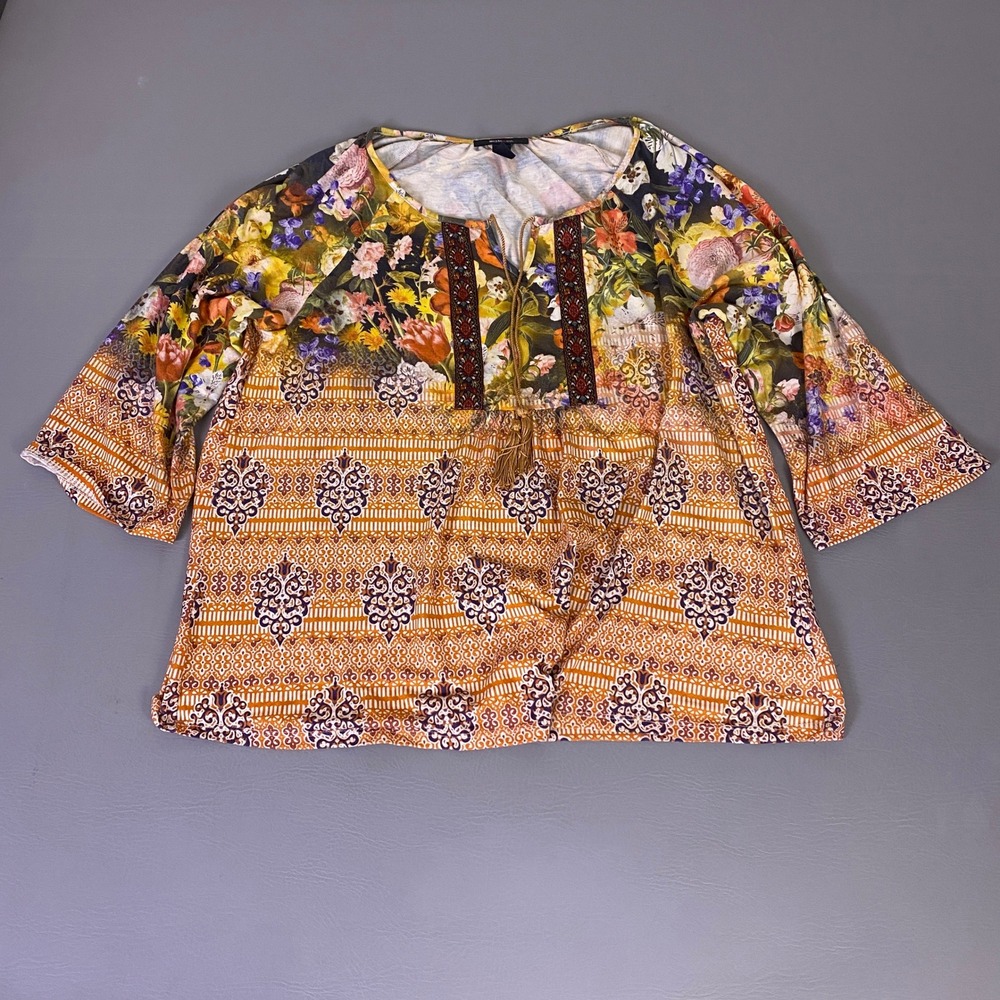 Style & Co Tunic Top Women's XL Boho Floral Medallion Print Tassel Split‎ Neck